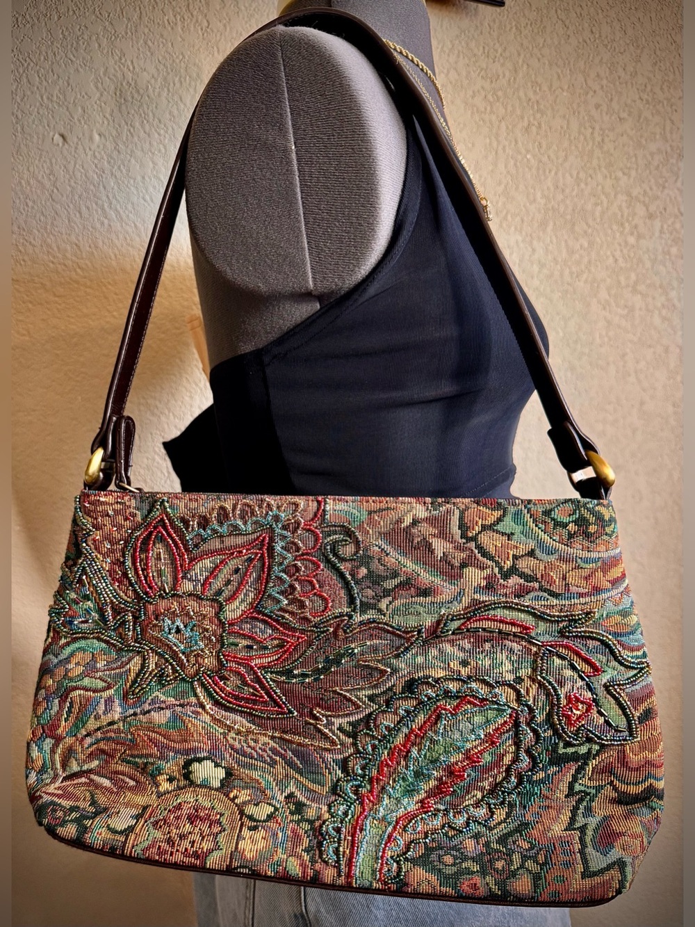 Vintage Paisley Beaded Muted Color Brown Shoulder Bag Purse